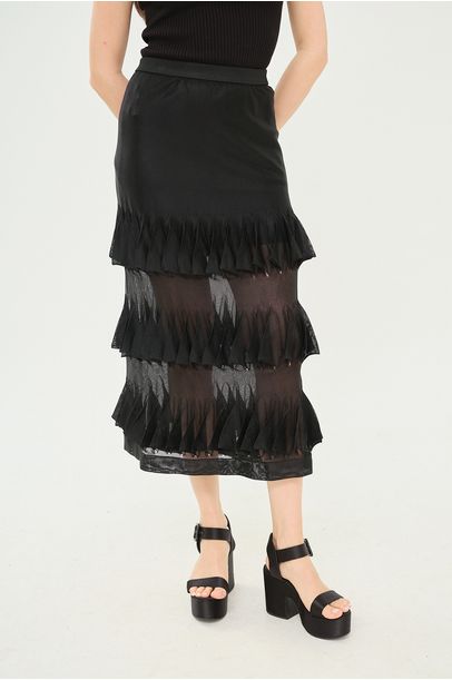 Saia Midi Tricot Babado Coven - PRETO