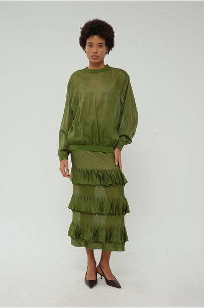 Saia Midi Tricot Babado Coven - VERDE