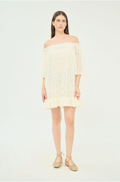 Vestido Camisola De Boneca Xadrez Le Shay - Bege