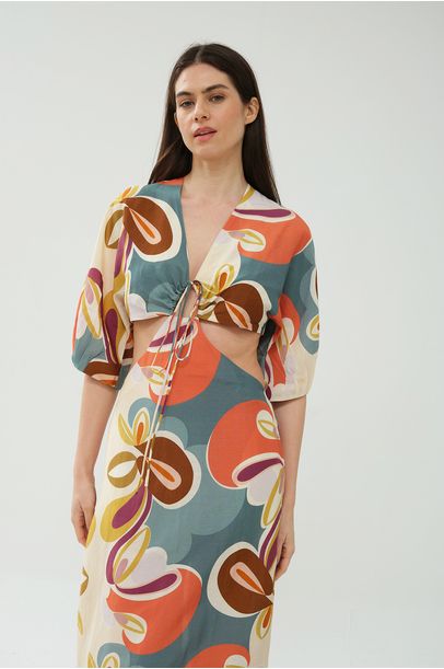 Vestido Midi Manga Bufante Adriana Degreas - MULTICOLORIDO