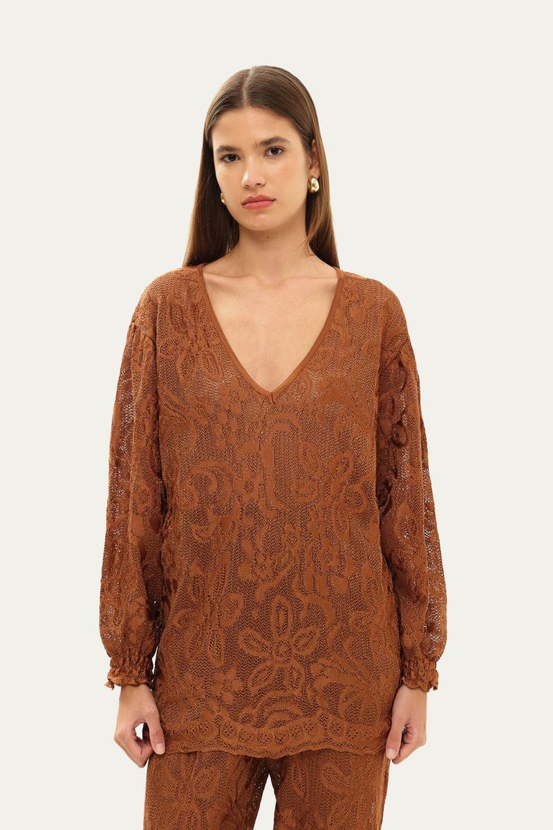 Blusa Manga Longa Renda Giverny Gig - MARROM 1