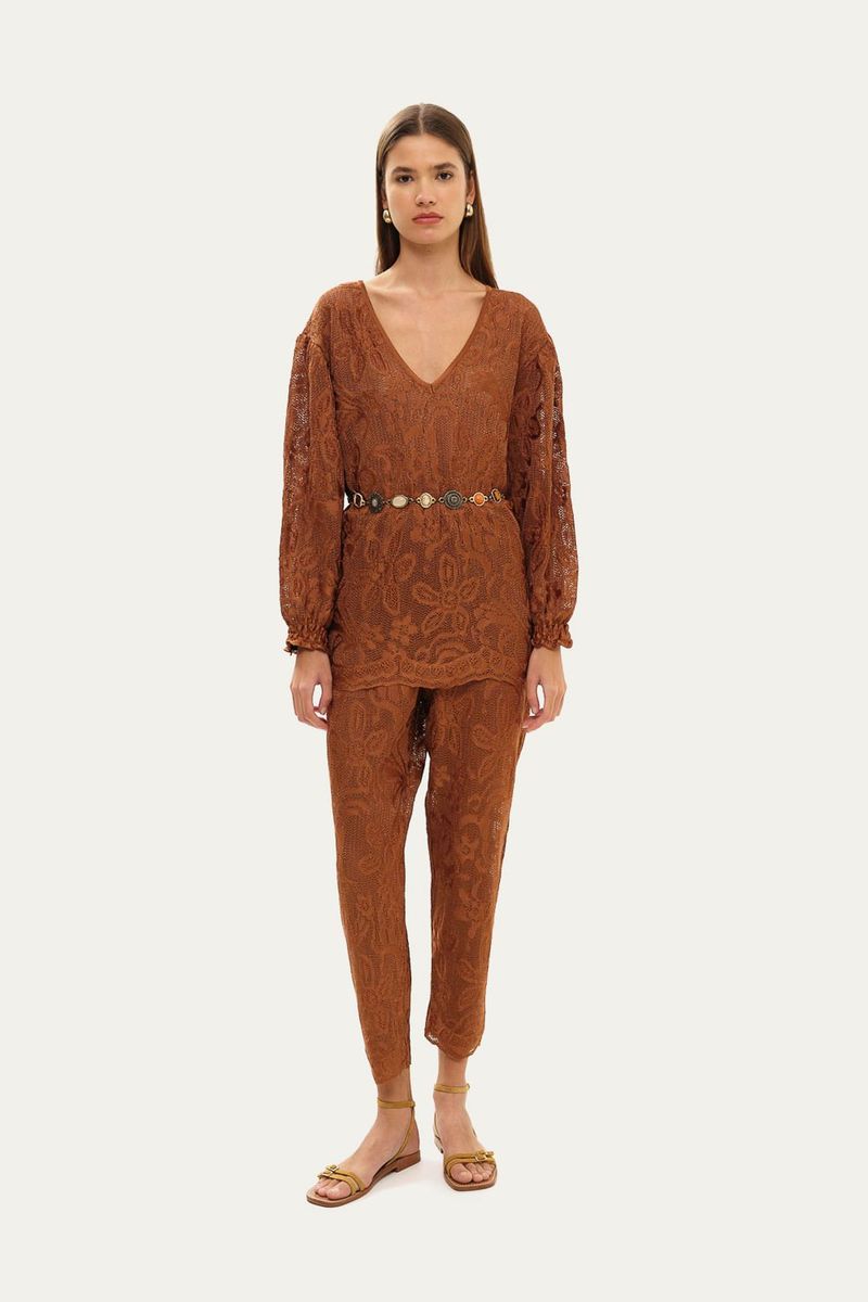 Blusa Manga Longa Renda Giverny Gig - MARROM 2