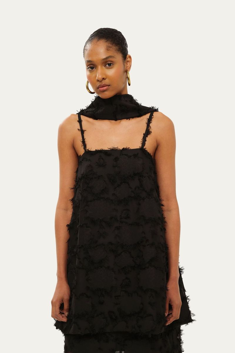 Blusa Manga Curta Echarpe Fiore Marina Bit  - PRETO 0