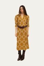Vestido Midi Manga Jacquard Corsage Gig - DOURADO 1