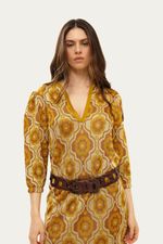 Vestido Midi Manga Jacquard Corsage Gig - DOURADO 2