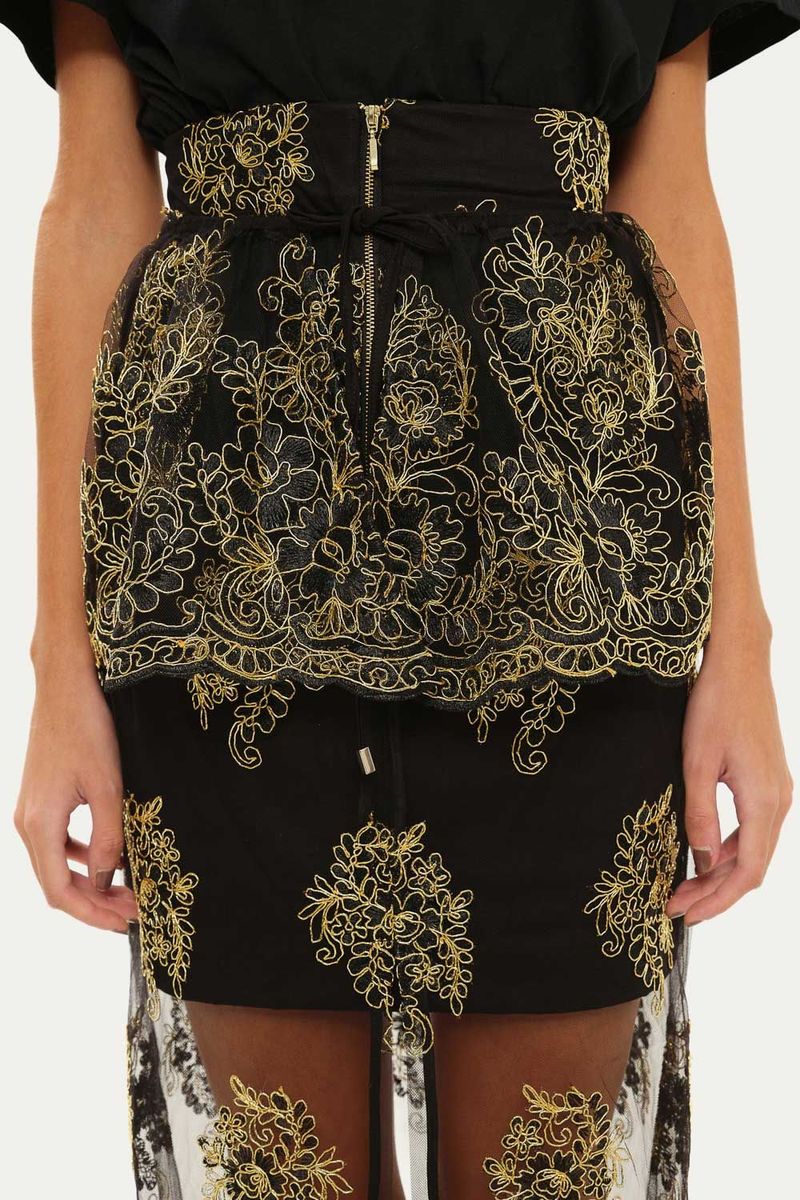 Saia Tule Bordado Com Peplum A l m - PRETO 3