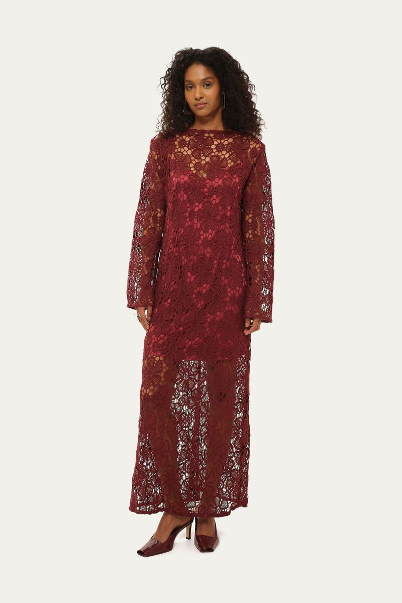 Vestido Mangas Rosa Blanca Linnen - VINHO 0