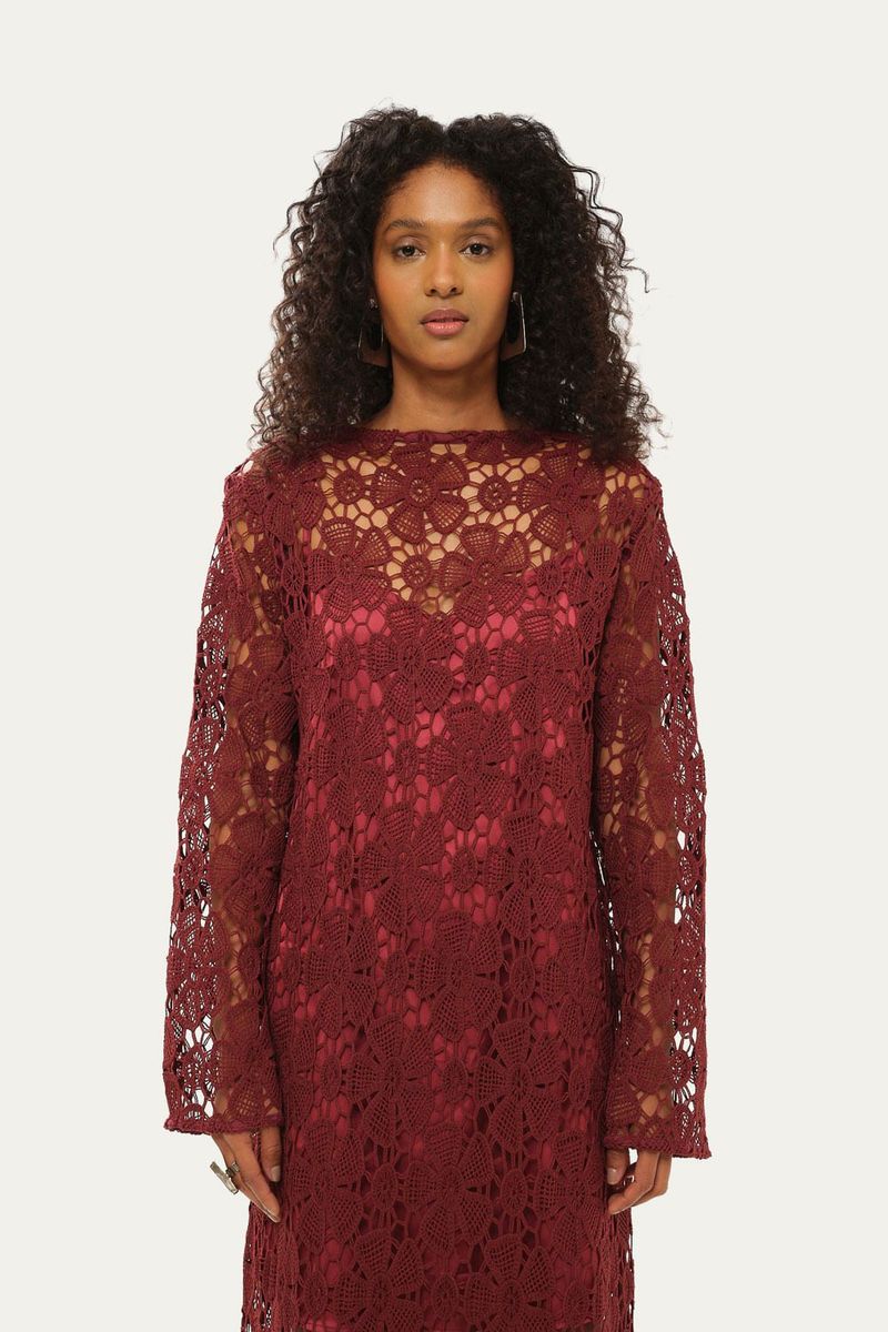 Vestido Mangas Rosa Blanca Linnen - VINHO 1