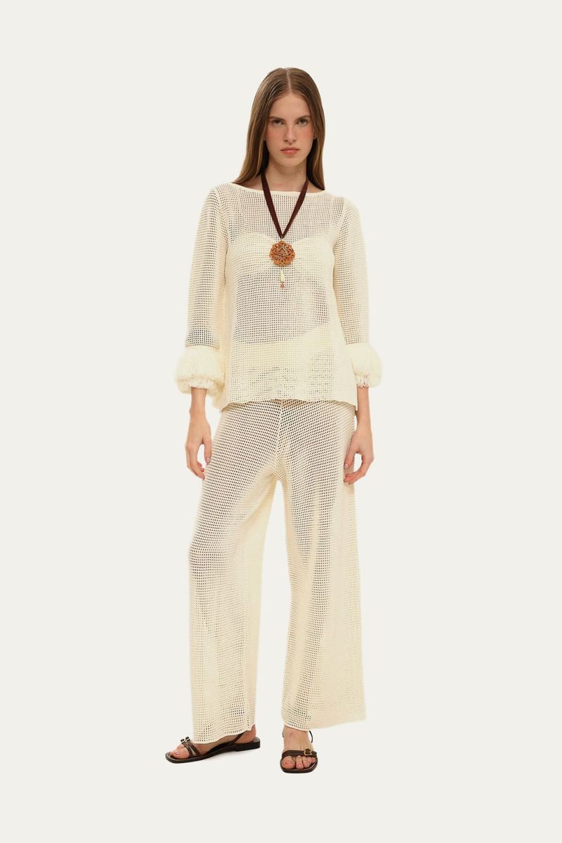 Blusa Manga Longa Rede Com Pregas Tricot Egrey - OFF WHITE 2