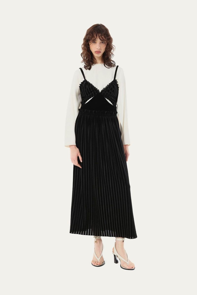 Vestido Veludo Listras Amora Nk - PRETO 0